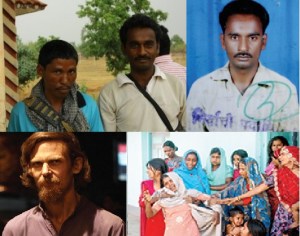 இடதுபக்க  மேலிலிருந்து கடிகாரச் சுற்றில்... பூகன் சிங் + நியமத் அன்ஸாரி; நியமத் அன்ஸாரியின் ஓட்டுனர் உரிமப்படம்; ழான் ட்ஹ்ரீஸ்;   சோகத்தில்  நியமத் அவர்களின் மனைவி ராஜ்மனி +  6, 3  வயது குழந்தைகளும் + பிறந்து சில நாட்களே ஆகியிருந்த கைக்குழந்தையும் அனாதைகள்...