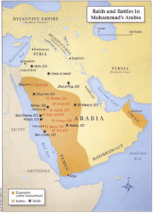 பழுப்பு நிறப் பகுதி மொஹெம்மத் நபி அவர்களின் கடைசிக்காலத்தில் அவர் ஆக்கிரமிப்பில் இருந்த பகுதி - இது அரேபியாவின் மொத்த விஸ்தீரணத்தில் பாதிக்கும் கீழ்!